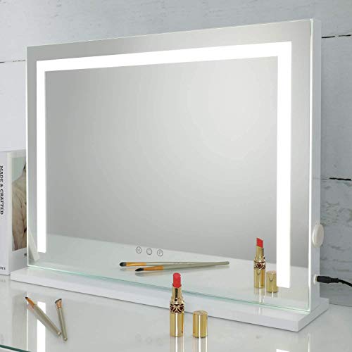 SHOWTIMEZ Vanity Mirror with Lights, Tabletop Wall-Mounted Makeup Mirror with Dimmable 3 Modes LED Backlit Light Strip,Touch Screen Control Cosmetic Mirror with USB Outlet, 22.8" W x 17.5" H