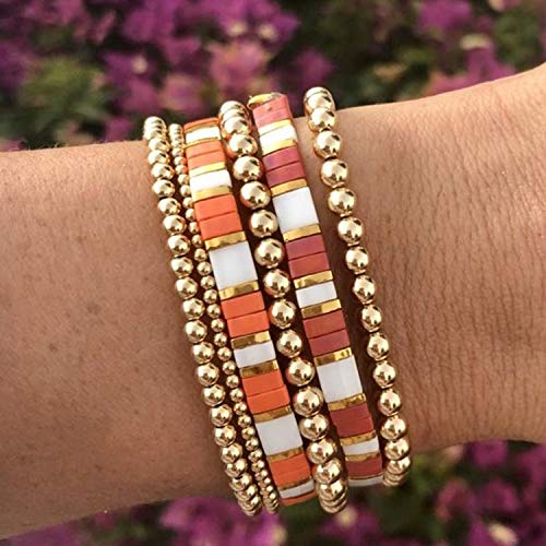 14K Gold Plated Bead Ball Bracelets Stretchable Elastic Bead Bracelet for Women(3 pcs Set Solid Bead Bracelets - Gold)…